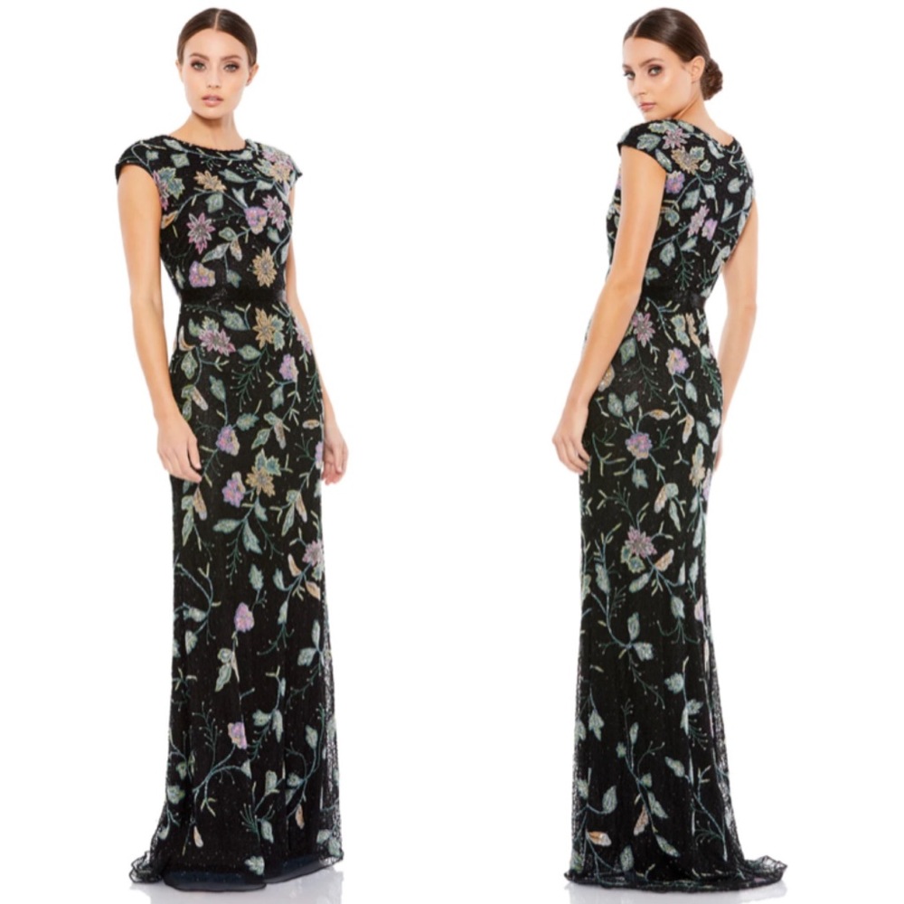 Mac Duggal Floral Beaded Cap Sleeve Evening Gown 5229 Black Multi Size 2 NWT